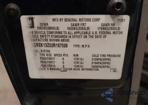 2002 Chevrolet Tahoe Z71 из США, поврежденный, VIN 1GNEK13Z02R187598